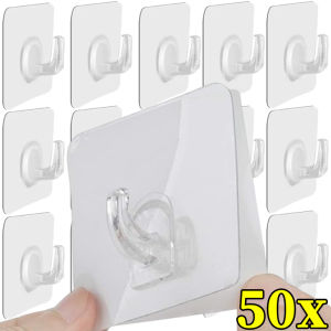 10/30/50pcs Transparent Sticky Wall Hooks / Heavy Duty Waterproof Door Hook / Punch-free Traceless Storage Hanger for Bathroom Kitchen