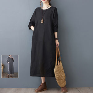 ชุดเดรสยาวแขนยาวคอตondo สไตล์ฤดูใบไม้ผลิ ทรงหลวม กระโปรงทรงเอ ผ้าลินิน ทรงเข้ารูป กระโปรงยาวคลุมเข่า ชุดทำงานสำหรับผู้หญิงไซส์ใหญ่