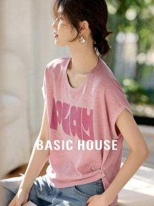 Basic House | Asymmetric Button Alphabet Thin Summer Knitted Sweater Short Sleeve