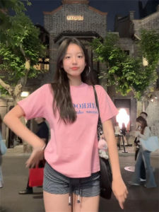 Retro Pink Fun Letter Short Sleeve T-Shirt Women Summer Atmosphere Casual Lazy Style Elegant Top Korean Loose Fit round Neck