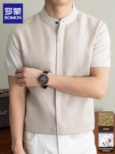 ROMON | Short Sleeve Summer Breathable Lightweight New Chinese Style Casual Stand Collar Mens Shirt