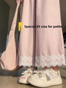 Pink Lace Trim Wide Leg Casual Pants Womens Spring Summer Thin Straight Cut Drapey Nine Point Grandmother Pants High Waist Long Trousers