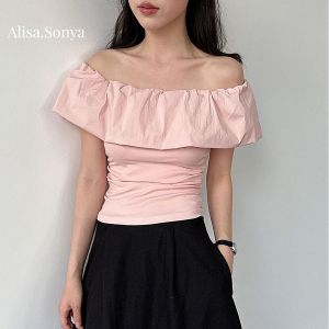 Alisa.Sonya Korean Womens Summer T-Shirt - Sweet Ruffled Off-Shoulder Top with Short Sleeves 24AS1308