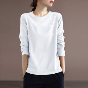 เสื้อยืดคอกลมแขนยาวผ้าฝ้ายแท้บางสำหรับผู้หญิง เสื้อชั้นใน เสื้อเชิ้ต เสื้อผ้าทำงาน ฤดูใบไม้ร่วง ลำลอง ปกติ