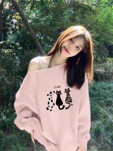 XINDADANG | Áo Hoodie In Hình Mèo Dễ Thương Kiểu Dáng Rộng Phong Cách Thường Ngày Khoét Vai