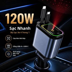 Sạc Ô Tô 4 Trong 1 Có Thể Thu Gọn Với Cáp USB C & Lightning Sạc Nhanh 120W Đèn Nền Bầu Trời Sao Cổng USB A Type C