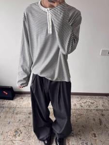 Áo Thun Nam Tay Dài Cổ Henry American Stripes Cleanfit Lót Bên Trong Chống Nắng Mùa Thu Thường Ngày Thể Thao Polyester