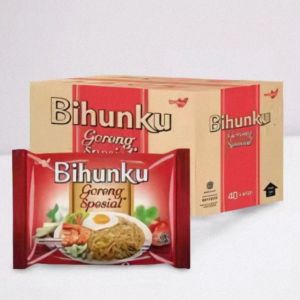 Bihunku goreng 1 dus 40 pcs mie goreng spesial berat bersih 400 gram kemasan plastik merah gambar bihun goreng dengan telur dan sayuran.