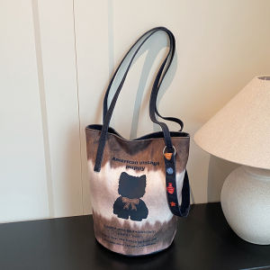 Cute Cat Design Canvas Bucket Bag Womens Crossbody Shoulder Bag Casual Versatile New Autumn Winter Fashion Handbag