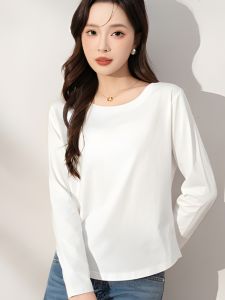 White round Neck Asymmetrical Pure Cotton Long Sleeve Womens T-shirt Slim Fit High End Feeling Spring New Style Commute
