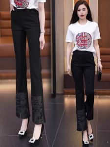 New Chinese Style High Waist Flared Pants Womens Spring Summer New Arrival Slimming Button Split Nine Point Pants Small Size