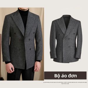 Bộ Com lê cổ điển hai hàng cúc herringbone pha len nặng