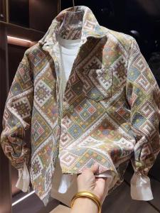 ผู้ชาย ฤดูใบไม้ร่วง ฤดูหนาว Diamond Weave หนาขึ้น ผ้าฝ้าย ปกตั้ง เสื้อเชิ้ต เสื้อแจ็คเก็ต สไตล์คู่รัก เทรนด์แฟชั่นส่วนบน โพลีเอสเตอร์ ผ้า