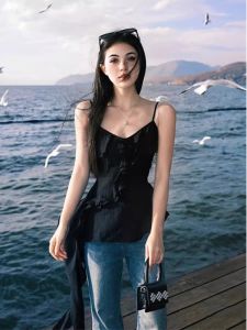 Vintage Rustic Irregular Lace Trimmed Worn out Strap Vest Women Summer Design Splice Unique Top Sleeveless Short Length Solid Color