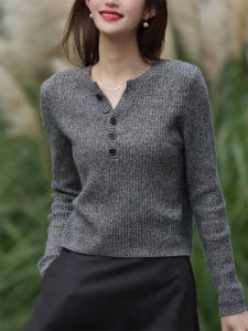QINGNAER | Elegant Plus Size Grey Button-Down Fitted Knitwear