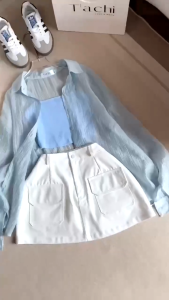 Bộ đồ nữ mùa hè áo thun Tăm 2 dây kèm chân váy Kaki và áo khoác Tơ nhẹ thời trang dạo phố đi biển