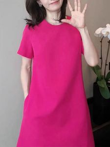 Summer Chic Simple High Waist A-Line Midi Dress Pink Straight Cut Slimming Beach Skirt Casual Lazy Style Short Sleeve Zipper Back