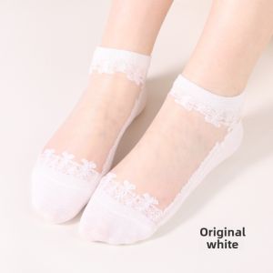 Womens Mid-Calf Ice Silk Cotton Lingerie Short Socks Transparent Anti-Slip Lace Breathable Comfortable Spring Autumn Crystal Glass Socks