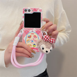 Cute Pink Cartoon Leather Phone Case Samsung Galaxy Z Flip 6 Z Flip 5 Z Flip 4 Z Flip 3 Casing with Wrist Strap Lanyard Back Cover Shel