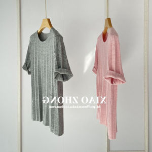 Design Sensation Ice Silk Knitted Short Sleeve T-Shirt Women Summer Thin Loose round Neck Grey High-End Feeling Top