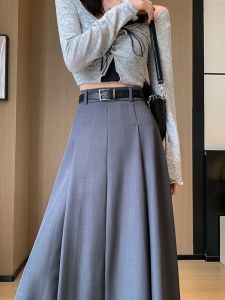 กระโปรงสีเทาเอวสูง ทรงเอ ทรงยาวปานกลาง สำหรับผู้หญิง สไตล์เกาหลี แฟชั่นฤดูใบไม้ร่วง 2024 กระโปรงทรงสั้น ทรง a แบบลำลอง