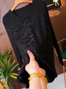 UYFY | Áo sơ mi cổ chữ V màu đen dày thời trang thu đông cho nữ Áo sơ mi cổ tròn cổ điển mới Áo sơ mi nữ chất liệu polyester dài tay