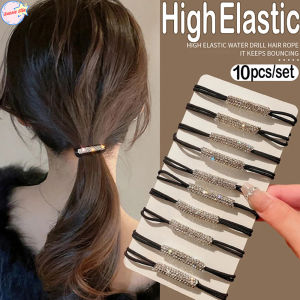 เครื่องประดับยางรัดผมคริสตัล 10 ชิ้น ดำ สำหรับผู้หญิง ยืด ประดับพลอย รักสำหรับเด็ก