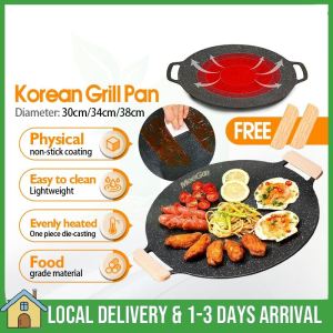 Grill Pan  34CM 38CM Round Non Stick Korean Grill Pan BBQ Steak Frying Pan Picnic Grill Pan Camping Grill Pan Bowl Wok Cookware BBQ Stove