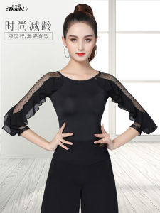 Doubl Modern Dance Tops Womens Half Sleeve Ice Silk Dance Top Square Ballroom Dance Shirt Womens National Standard Dance Clothes