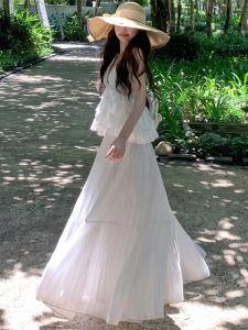 กระโปรงสั้นผ้าชีฟองสีขาวเอวสูงสไตล์เกาหลีสำหรับฤดูร้อน กระโปรงทรงเค้กเอวสูงทรงเอ กระโปรงทรงเอทรงยาวปานกลาง