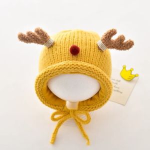 Thickened Knitted Baby Hat Winter Warm Cute Deer Ear Protection Cap Boys Girls Children Knit Wool Rope Belted Hat Baby Cap