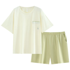 yuenei | Bộ đồ ngủ cotton nguyên chất mùa hè cho cặp đôi Áo chui đầu tay ngắn Quần short Bộ đồ mặc nhà thoáng khí thoải mái