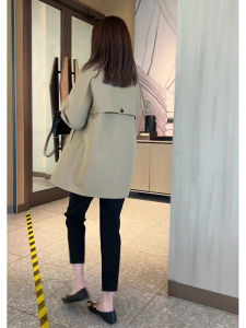 Khaki Mid-Length Womens Coat 2023 Spring Fashion Retro Straight Tube Polyester Fiber Long Sleeve Pure Color Commute Style