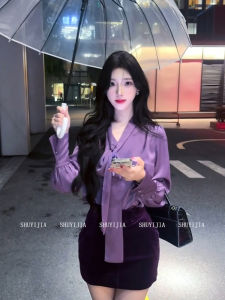 Syj Shuyijia French Lady Style Satin V-neck Shirt And Velvet Wrap-around Skirt Set plus Size Women Fashionable Commute Wear