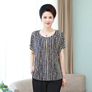 Loose Short Sleeve T-Shirt for Middle-Aged And Elderly Women Summer Comfortable Breathable Polyester Fiber round Neck Shirt