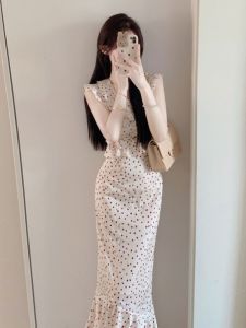 Váy Dài in Chấm Biêu Tượng Pháp Thời Trang Thu Đông 2024 Váy Dài Ôm Vừa Vặn in Chấm Biêu Tượng Phong Cách Cổ Điển Thanh Lịch