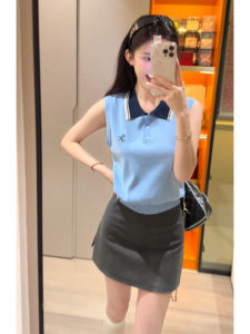 YUEZHONGWEI | เสื้อกั๊กไหมน้ำแข็งสีน้ำเงินสไตล์ฝรั่งเศสสำหรับผู้หญิงในฤดูร้อน เสื้อเชิ้ตคอปกพอดีตัวแขนกุดแบบสวมหัว ทรงหลวม สไตล์ใหม่