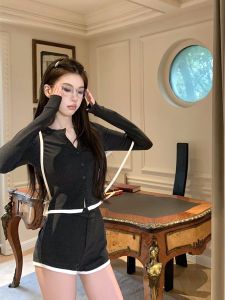 Korean Style Hot Girl Sporty Casual Set Women Summer Color Block Short Sleeve Long Sleeve Open Cardigan Top High Waist Shorts Two Piece Set