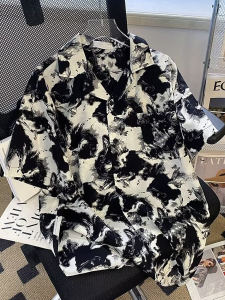 Casual Men Fancy Tops Ice Silk Shirt Mens Hong Kong Style Handsome Ink Painting Stylish Short Sleeve Flower Shirt Outwear