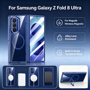 Plating Clear for Magsafe Magnetic Case for Samsung Galaxy Z Fold 8Ultra Hinge Protect & Screen Glass & Metal Camera Stand Cover