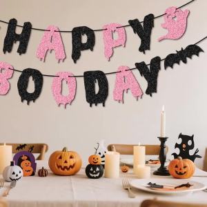 YOMDID Glitter Birthday Banner Happy Boo Day Party Banner Happy Letters Halloween Ghosts and Bats Happy Birthday Decorations