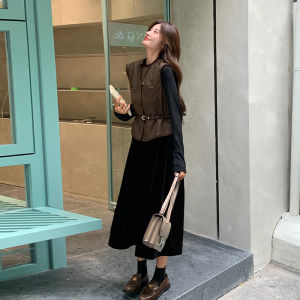 Hebe Style Two-Piece Set Womens Dress Autumn Season Natural Waist A-Line Skirt Long Sleeve round Neck Daily Wear Chinese Production