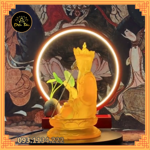 Kệ đèn Led tròn kệ gỗ hào quang chân cắm USB đặt tượng phật thác khói decor trang trí tiểu cảnh để bàn phong thủy