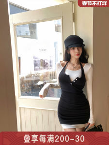 Black White Color Block Short Dress Womens Slimming Design Neck Hanging Long Sleeve A-Line Skirt Fake Two-Piece High Waist Autumn Dress