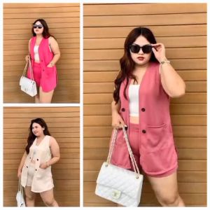 ANITA Plain Color Office Wear Casual Sleeveless Vest and Shorts Set Terno Coordinates