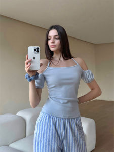 ZhouMiao Lazy Summer Modal Bubble Sleeve Neck Hanging T-Shirt Elegant Personality Womens Top Pure Color Commute Style Slim Fit