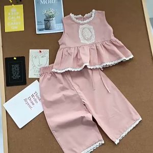 Hania kids🔥พร้อมส่ง🔥ชุดเซ็ท เสื้อ+กางเกง สีชมพูอ่อนลายลูกไม้ สไตล์เกาหลี ชุดเดรสสำหรับเด็กหญิง พร้อมส่งในไทย-K3124519