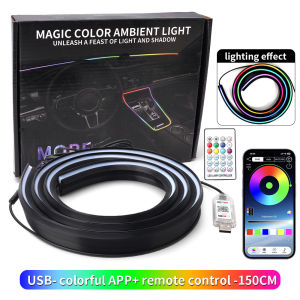 Car Windshield Ambient Light Strip 140/150cm RGB LED Remote App Music Sync USB Plug and Play Trim Bar Rubber Seal Gap Filler SUV