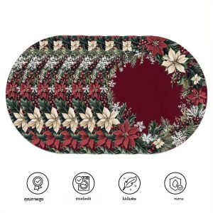 VIKAMA ชุดแผ่นรองจานลายดอกไม้สีแดงเบอร์กันดี 6 ชิ้น สำหรับงานเลี้ยงคริสต์มาส งานสังสรรค์ในครอบครัว ของตกแต่งโต๊ะในวันหยุด