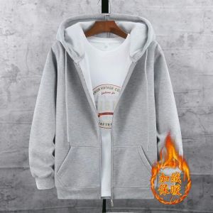 Mens Fleece Lined Jacket Sporty Hooded Sweatshirt Casual Wear Autumn Winter Zipper Cardigan Long Sleeve Youth Fashion